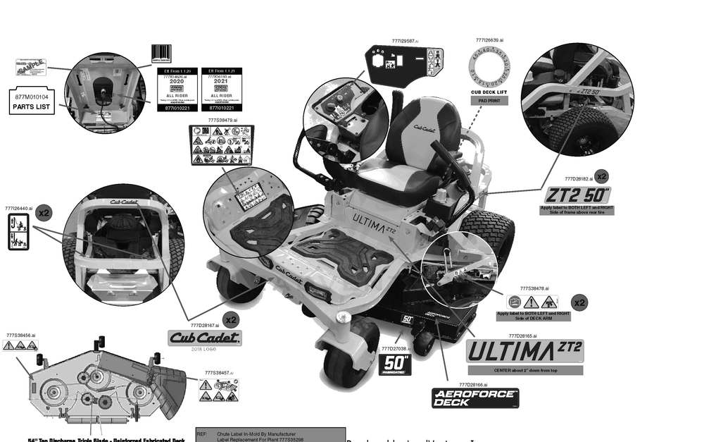 Label Map Diagram and Parts List for ZT2-50KW (17AIEAC2010)(2021) Cub Cadet Lawn Tractor